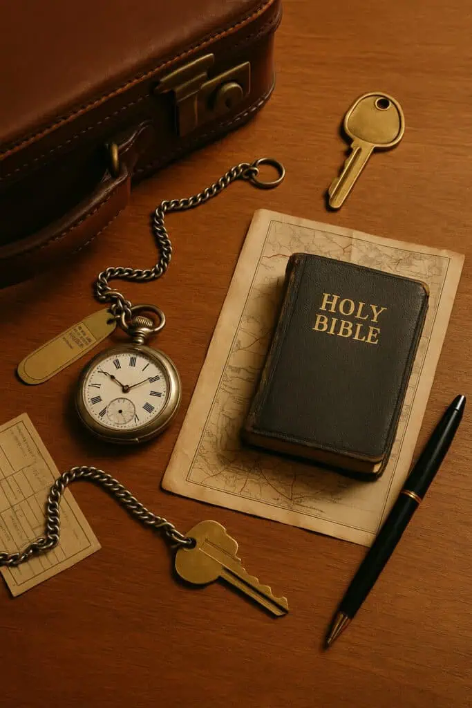 Leather suitcase, pocket watch, small Bible