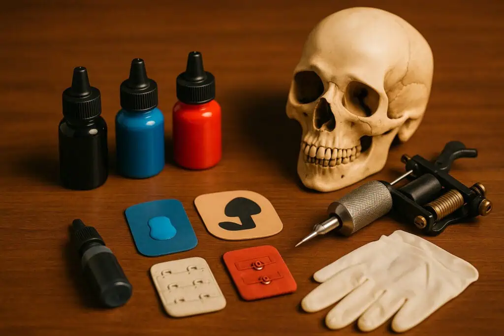ink bottles machine gloves skull