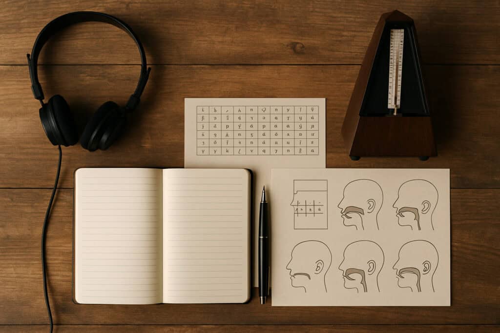 desk with notebook headphones and diagrams