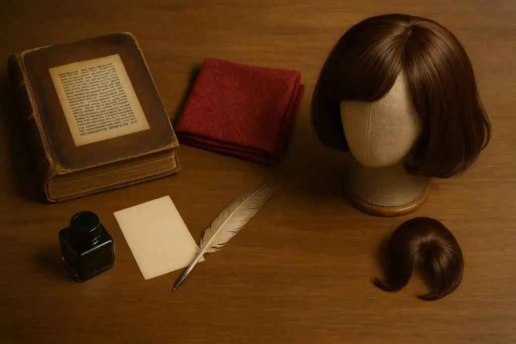 wig stand book scarf quill