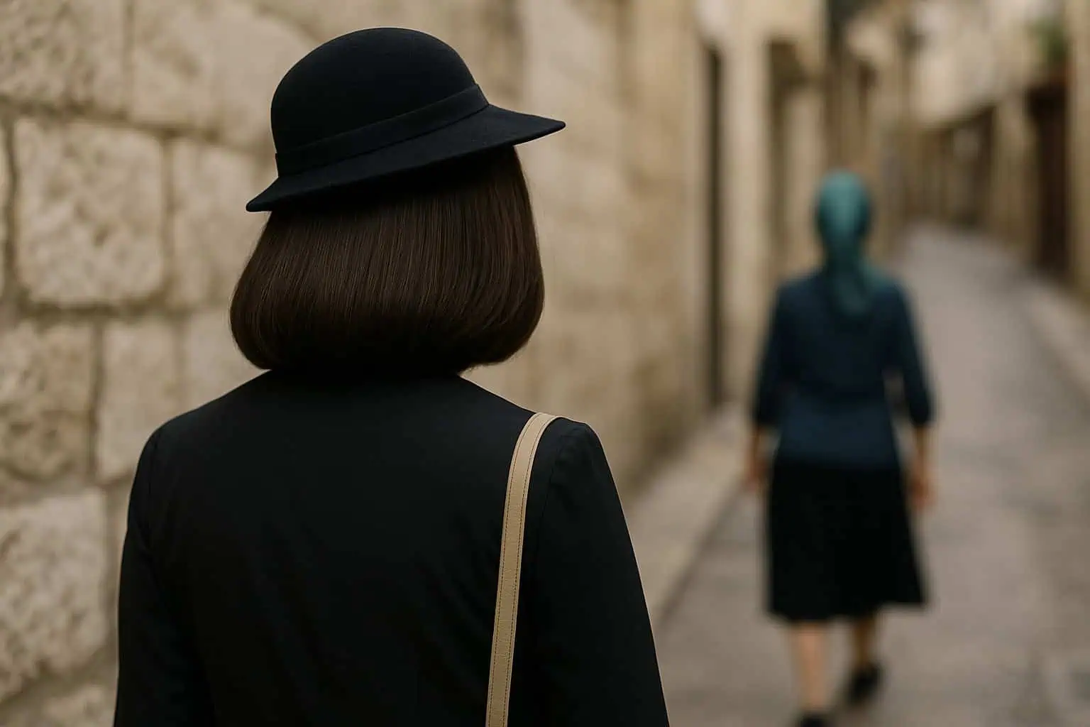 woman in dark wig and hat