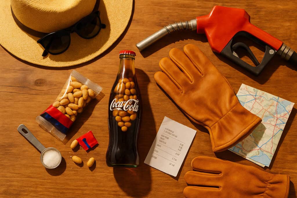 Cola bottle, peanuts, glove, map