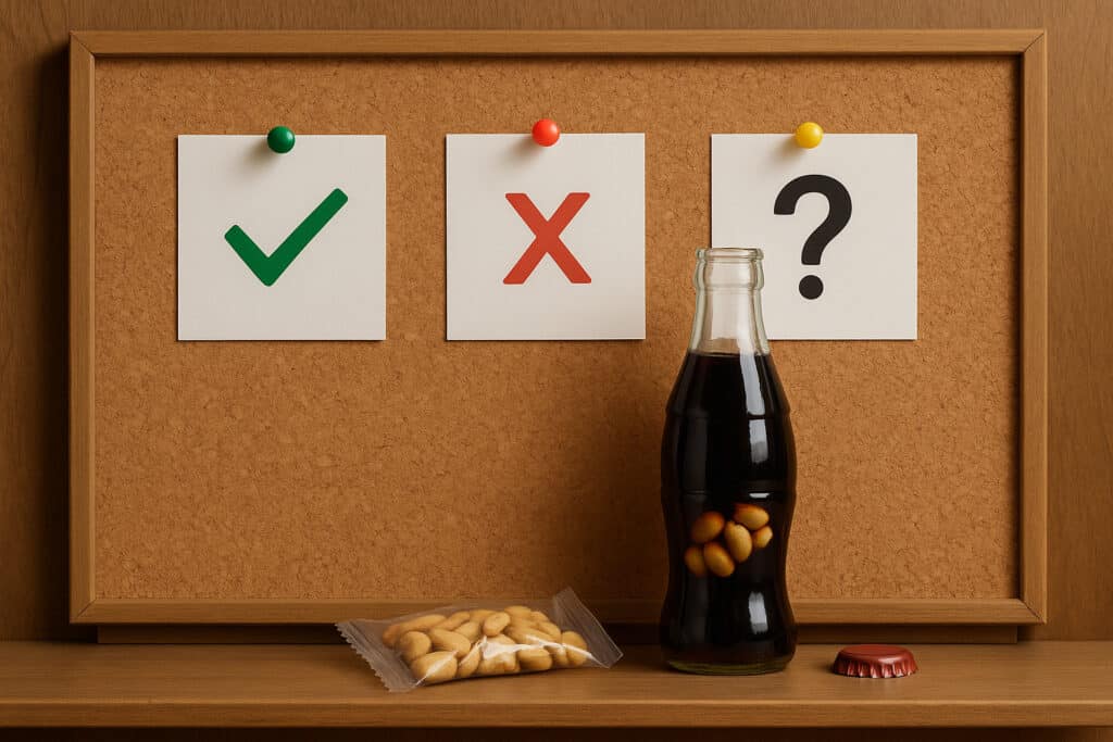 Corkboard with cola and peanuts