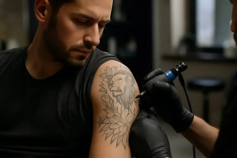 Tattoo artist working on upper arm