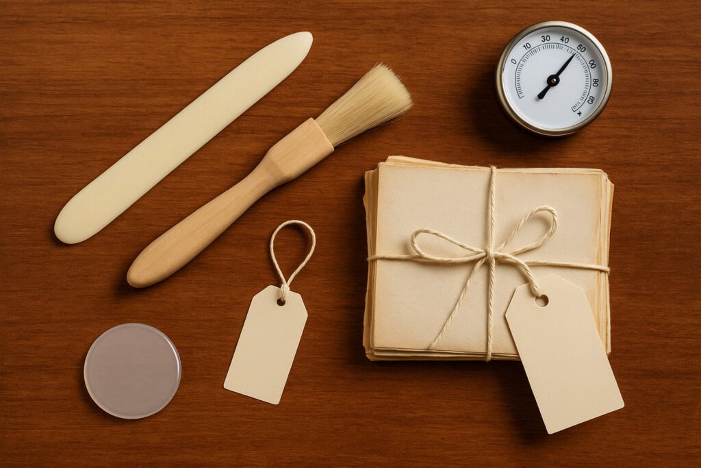 Bone folder, brush, hygrometer, paper
