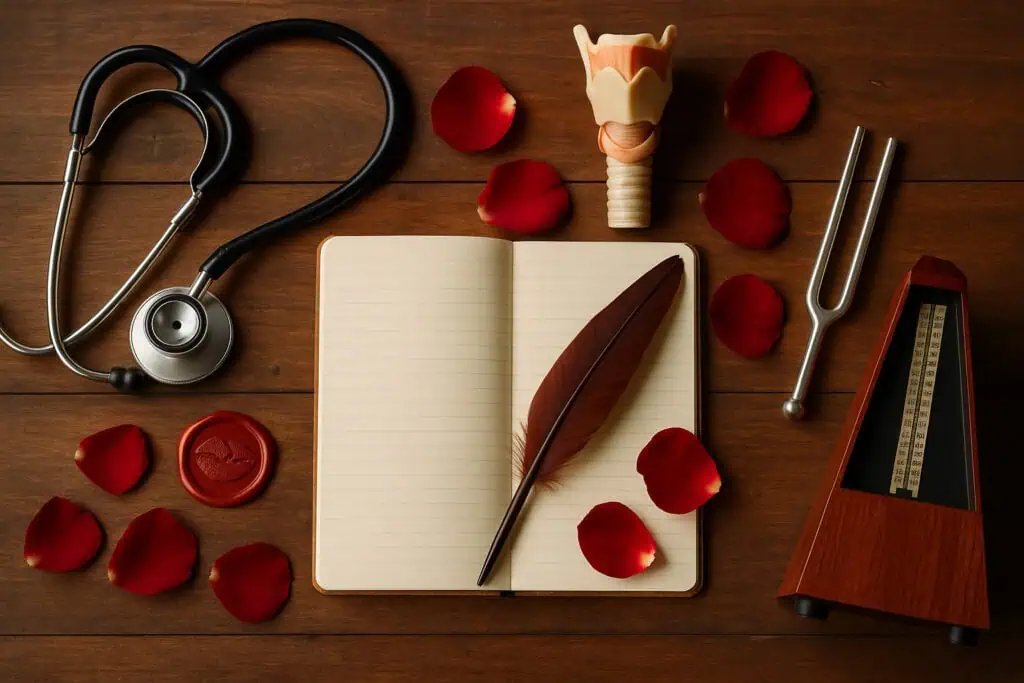 Stethoscope, larynx model, metronome, rose petals