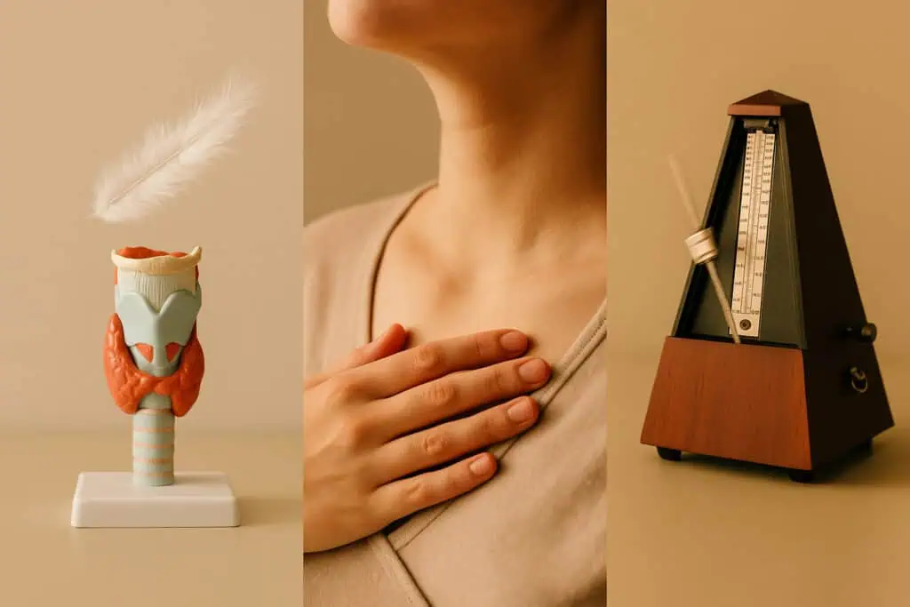 Larynx model, hand on chest, metronome