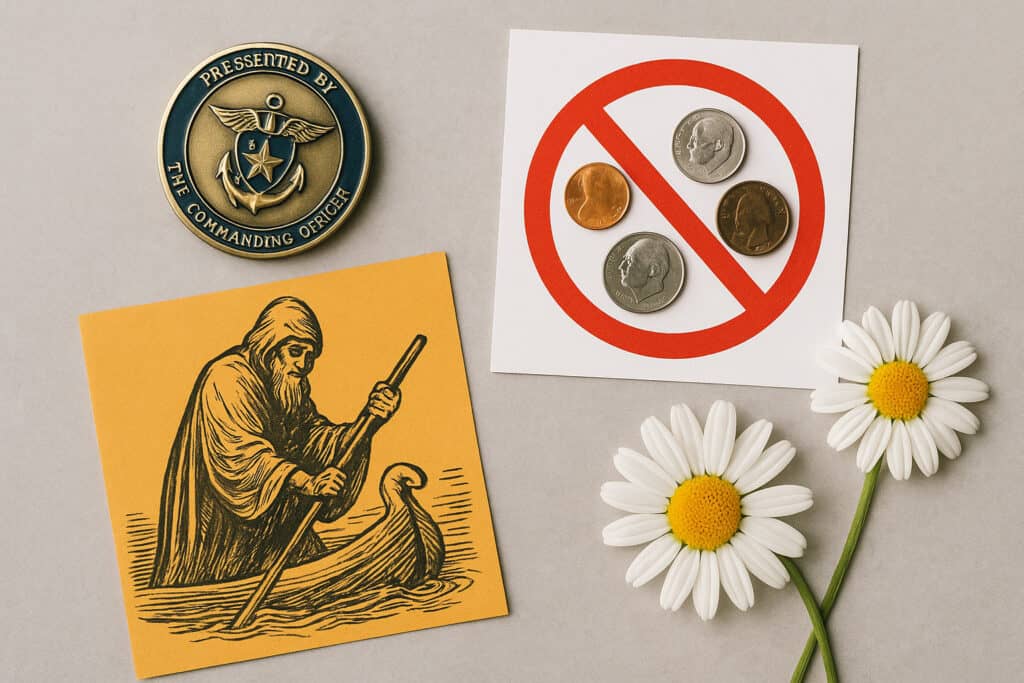 Challenge coin, prohibition sign, coins, daisies