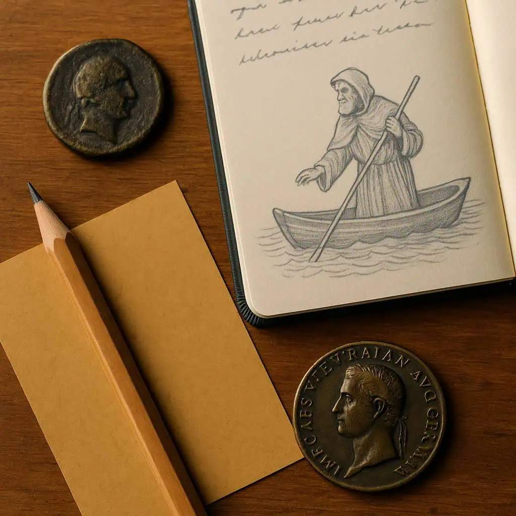 Roman coins and ferryman sketch