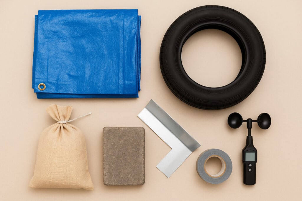 Tarp, tire, sandbag, paver, anemometer