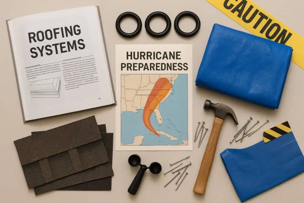 Roofing guide, tarp, nails, hurricane map