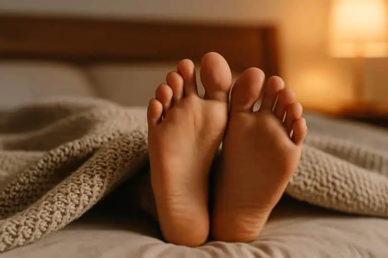 Bare feet rubbing under blanket