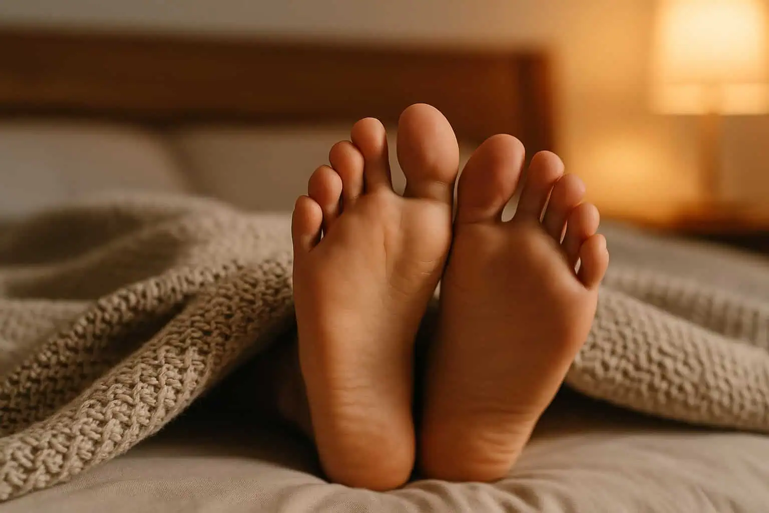 Bare feet rubbing under blanket