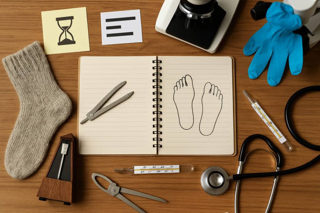 Foot sketch, sock, thermometer, microscope