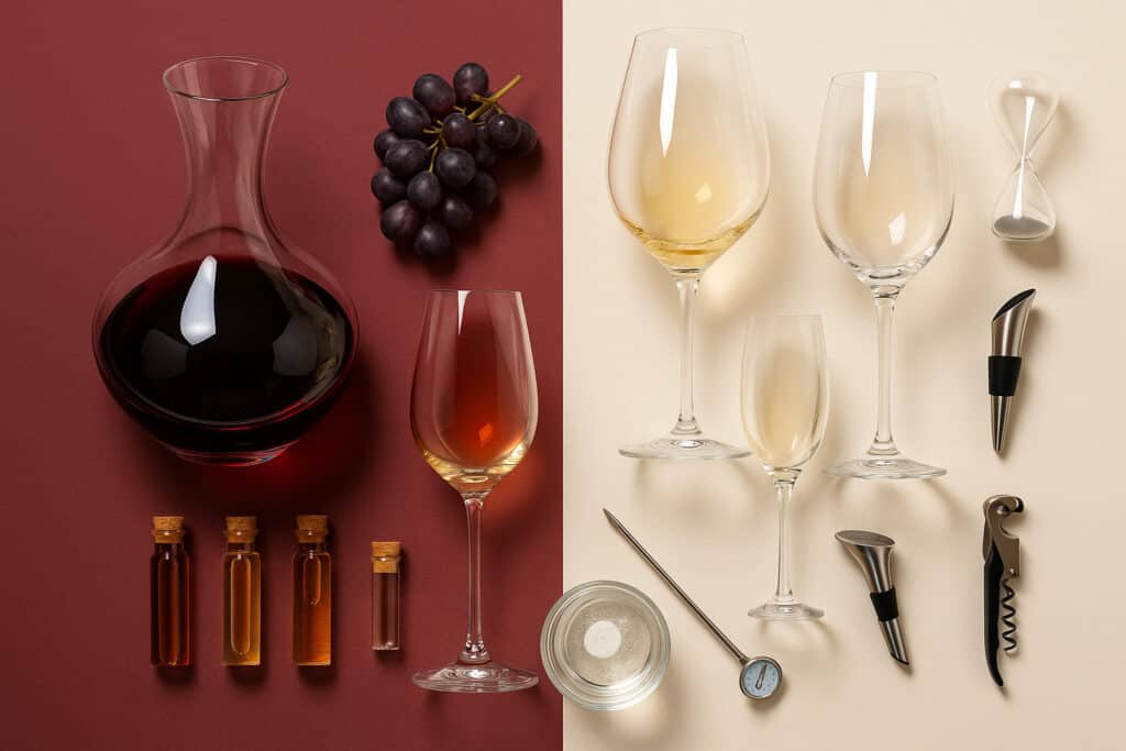 Decanter, wine glasses, thermometer, vials