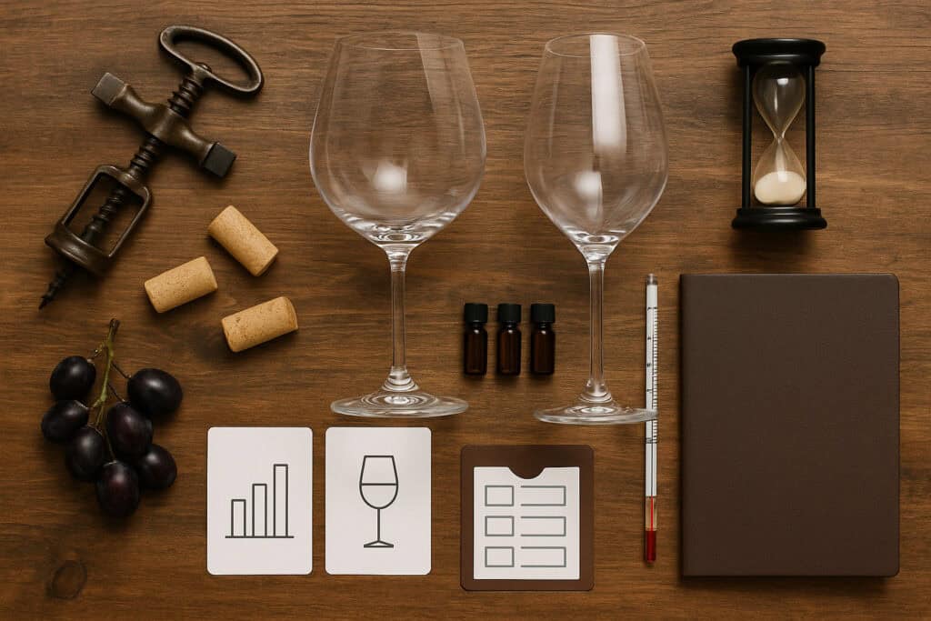 Corkscrew, corks, two wine glasses