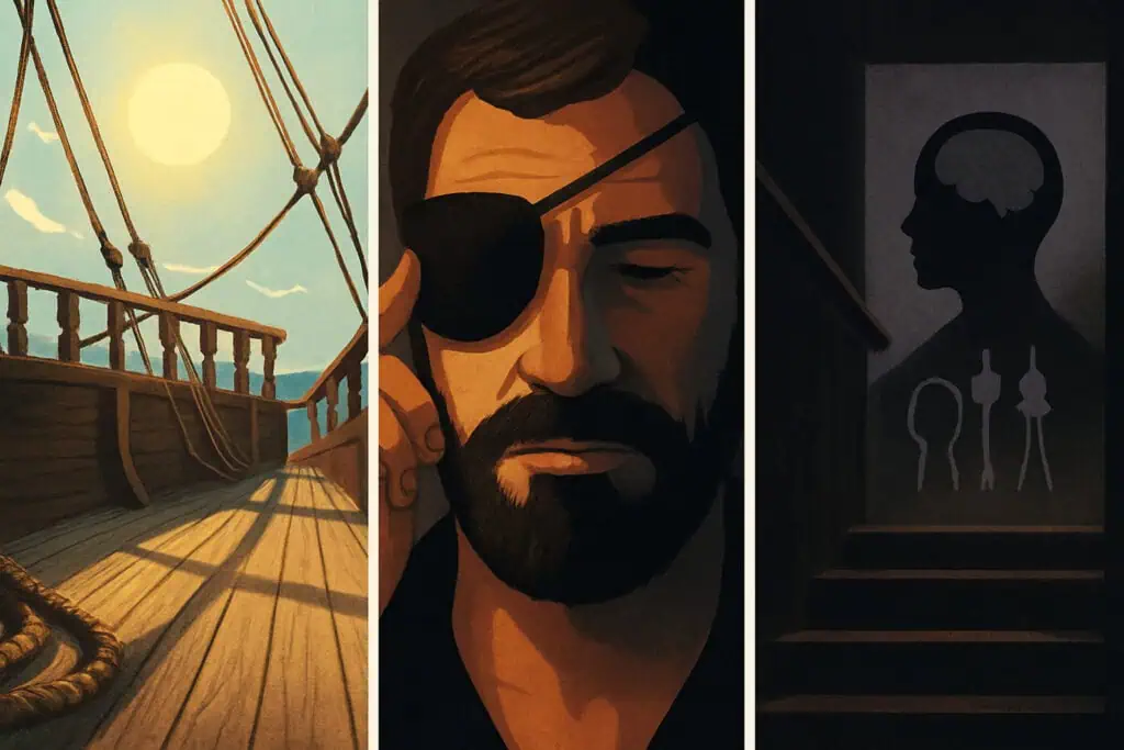 Sunlit deck, eyepatch, dark stairs