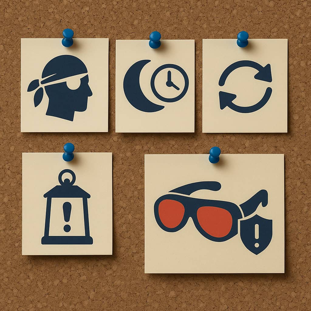 Corkboard with five icon cards