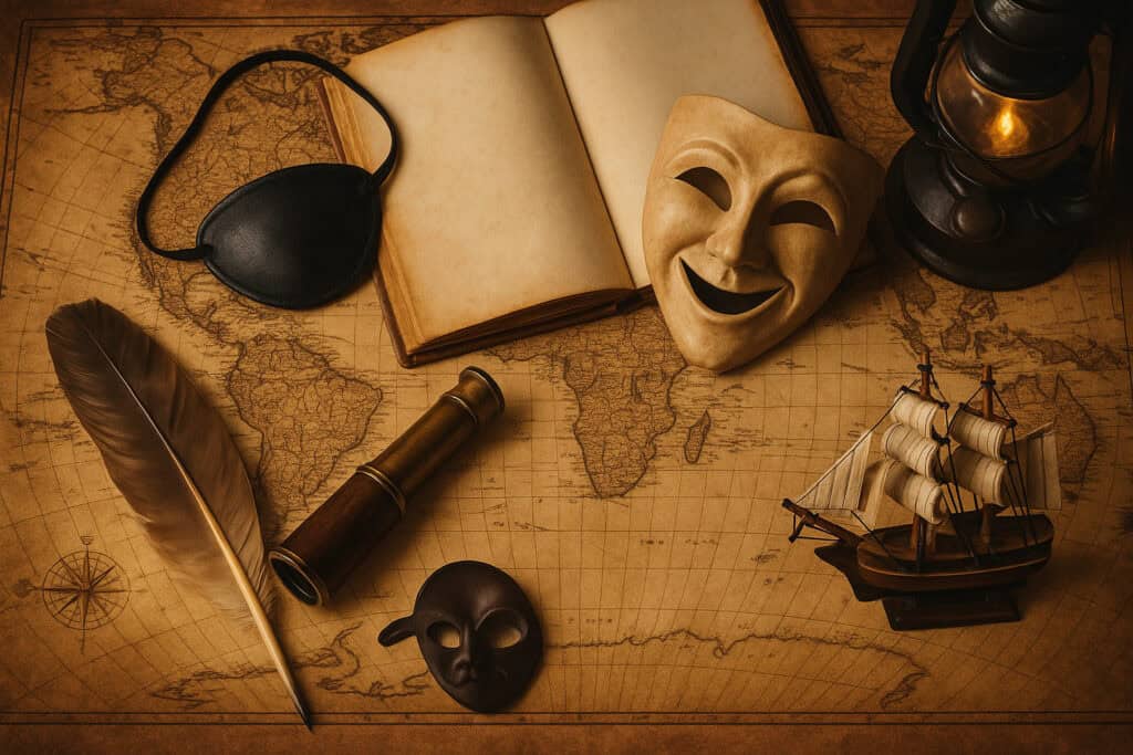 Eyepatch, map, spyglass, quill