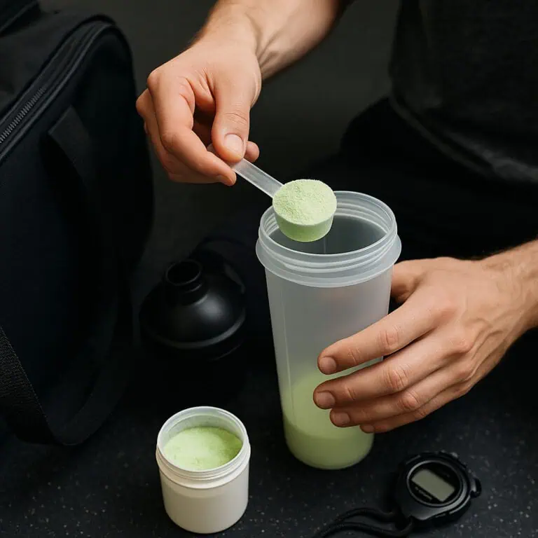 Hands scooping powder into shaker