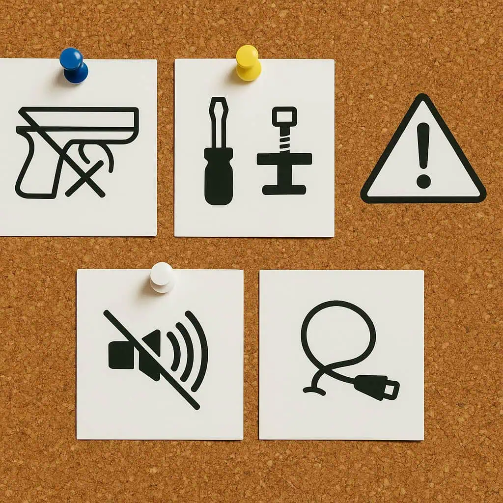Corkboard with five icon cards
