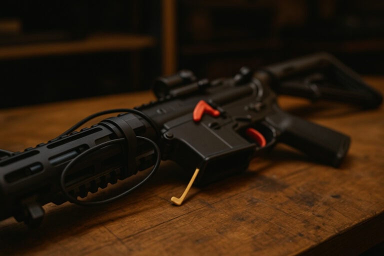 Rifle with rubber band on handguard