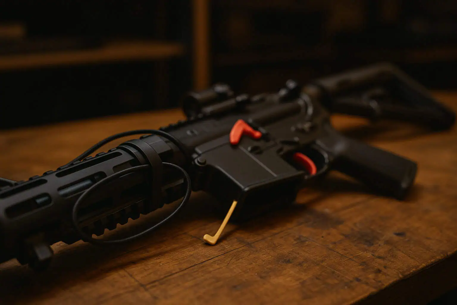 Rifle with rubber band on handguard