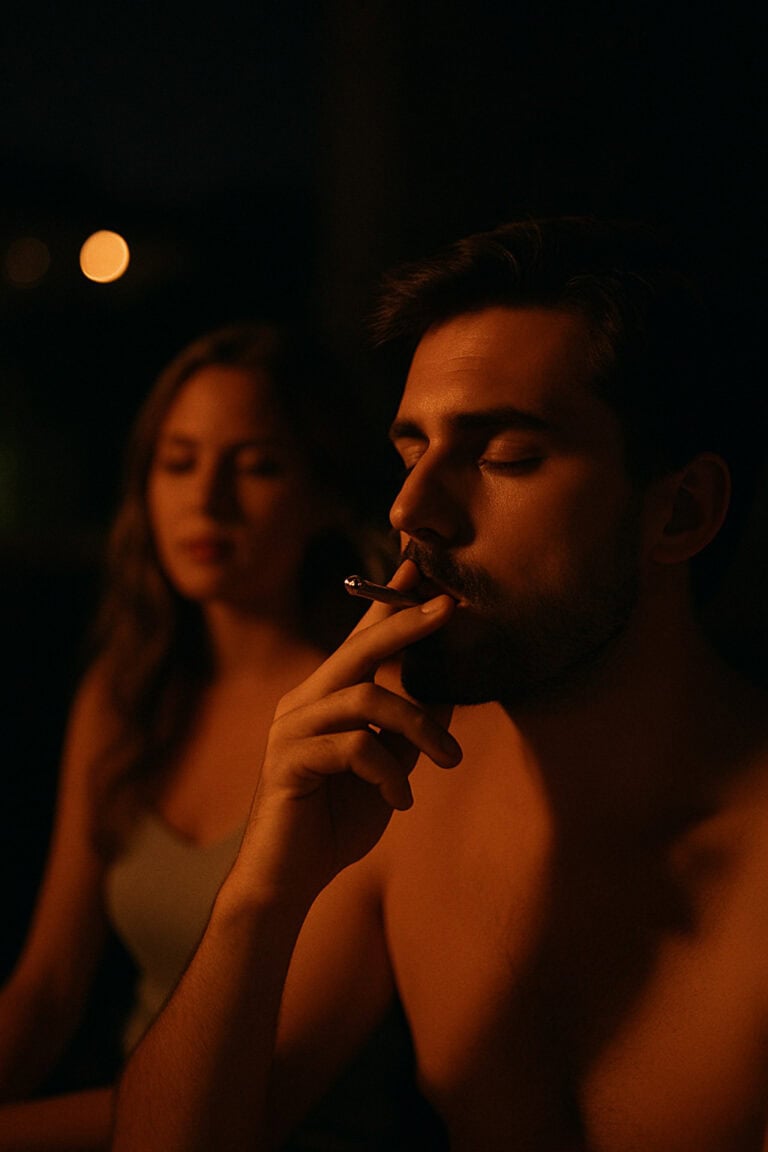 Couple with cigarette at night