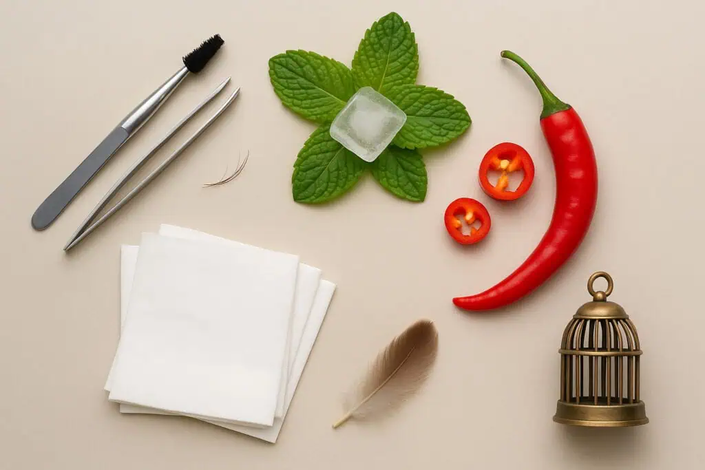 Tweezers, mint leaves, chili, tissues