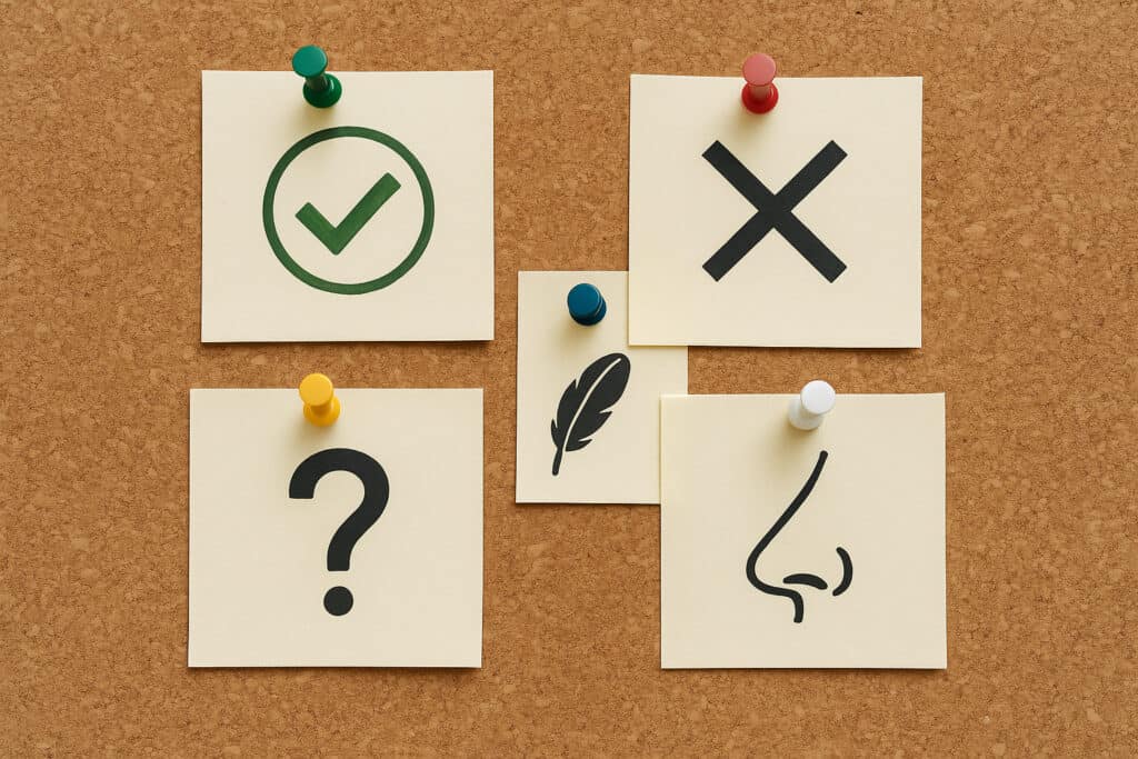 Cork board with check, X, nose, question