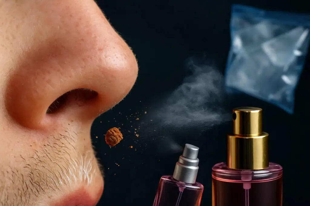 Perfume spray and dust near nostril