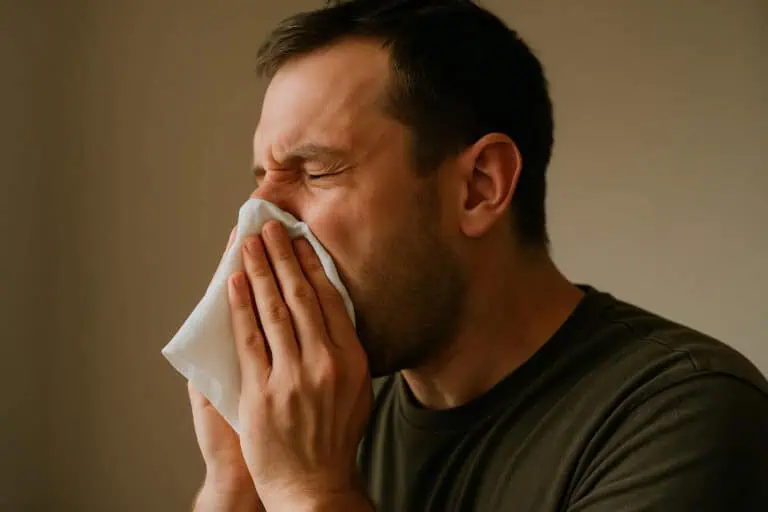 Person sneezing into tissue.