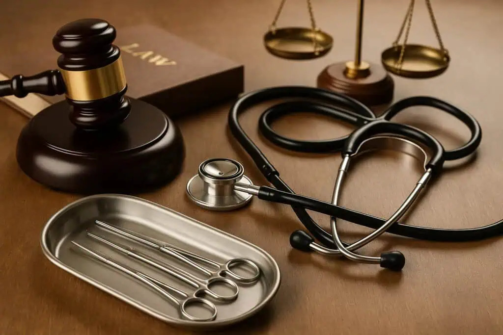 Gavel, stethoscope, surgical instruments, scales