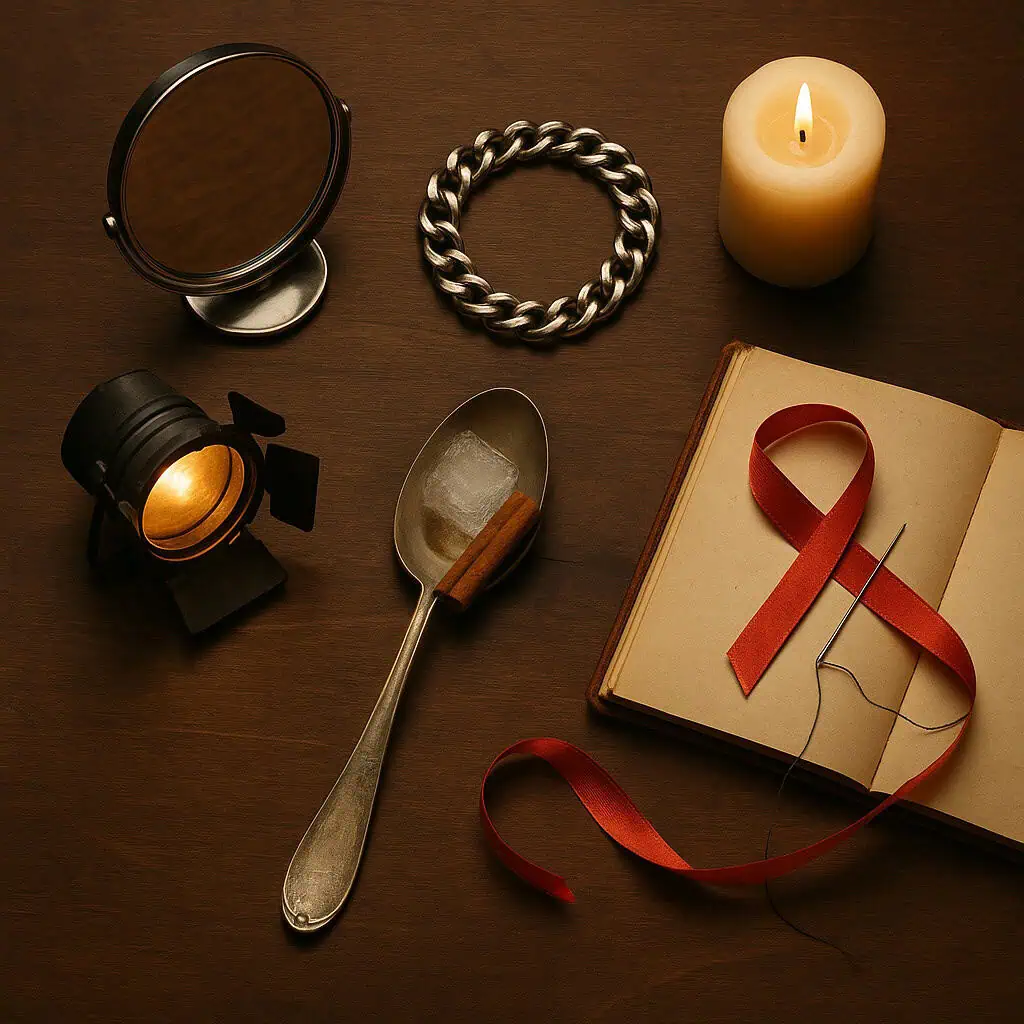 Mirror, bracelet, candle, spotlight, spoon, journal