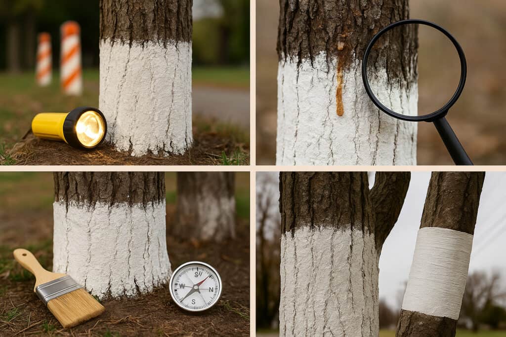 painted tree trunk with flashlight and compass