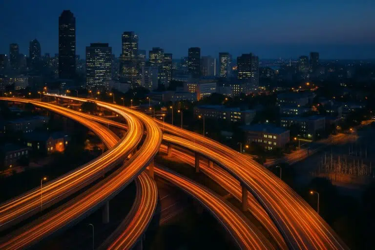 Busy city with glowing highway network