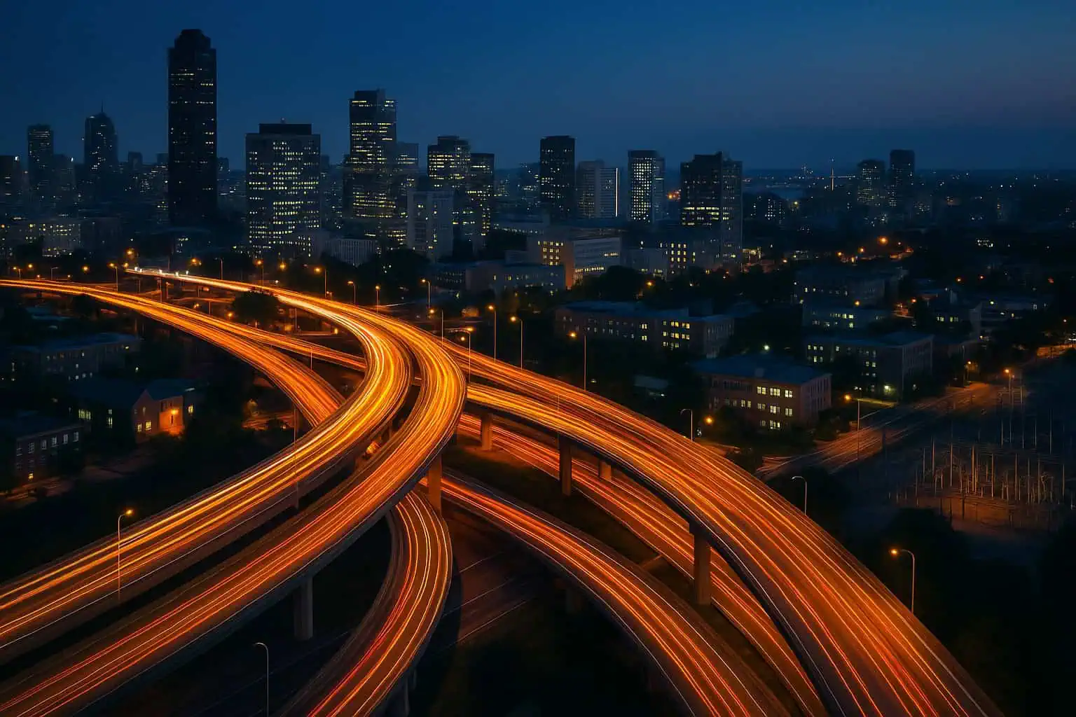 Busy city with glowing highway network