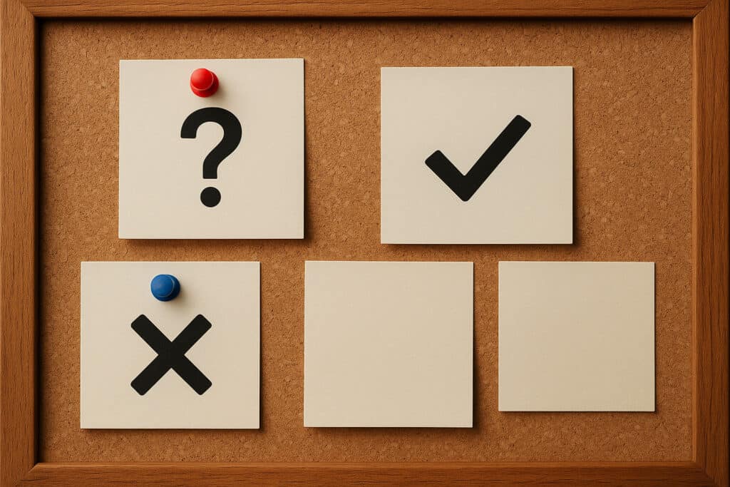 Cork board with pinned question symbols