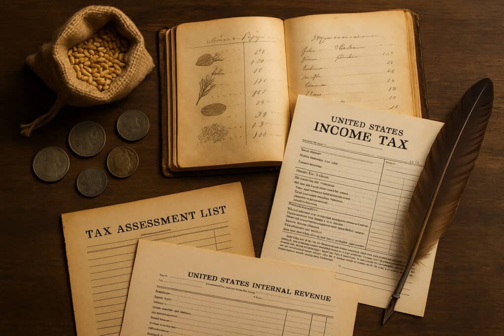 Old coins, wheat sack and tax forms