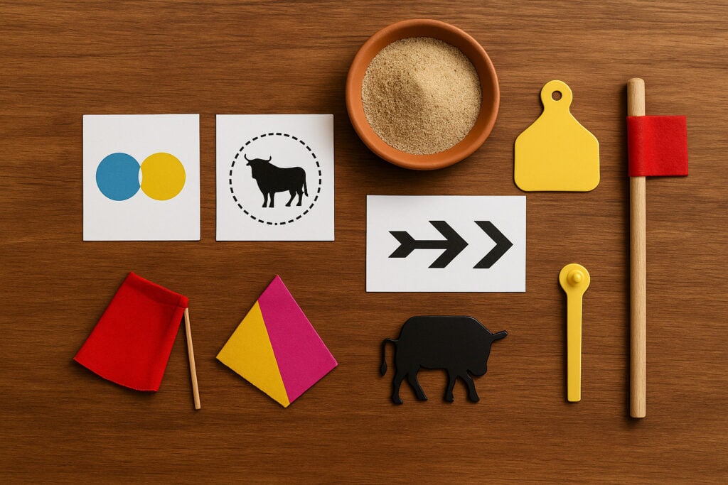 muleta mini flag, capote swatch, dichromatic cones card, bull flight-zone icon, motion arrows, sand bowl, handler tag