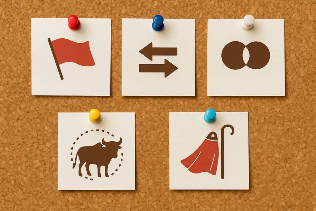 Corkboard with five icon cards