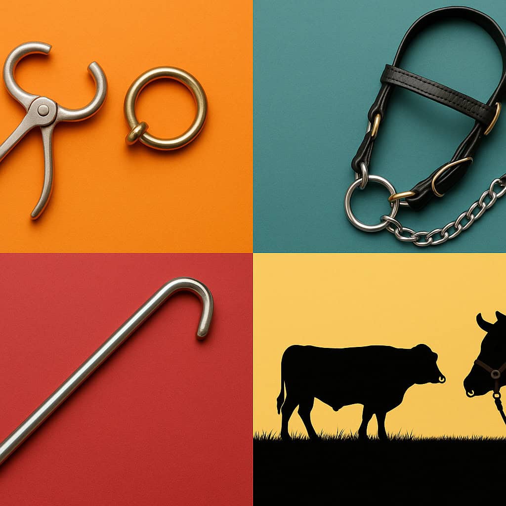 nose tongs; a brass ring; leather halter; bull staff; silhouettes of bull without ring and a bull with halter
