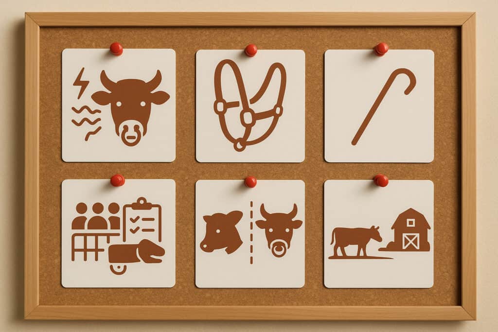 bull head, halter icon, safety pole, calf flap vs adult ring, pasture bull vs barn