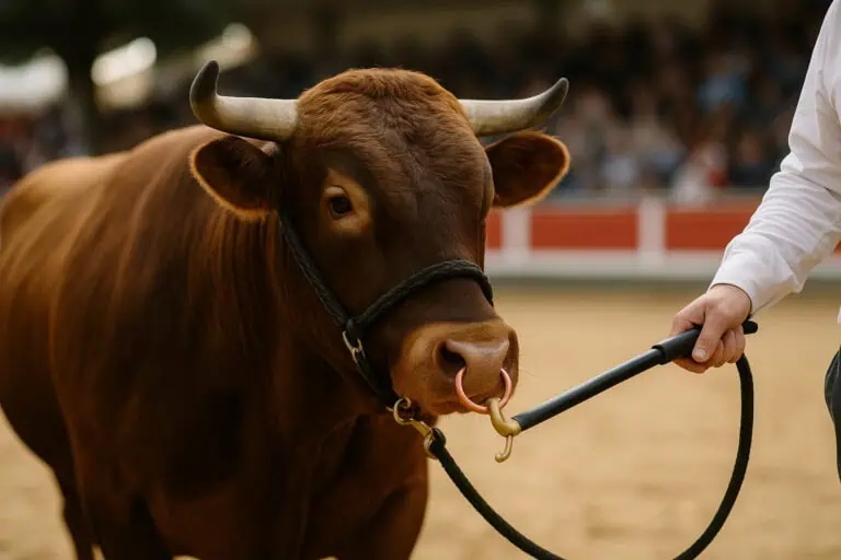calm bull with halter and nose ring led by a bull staff in a show ring
