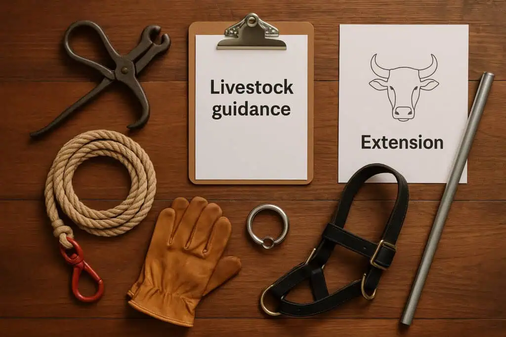 bull nose ring and tongs, halter, rope lead, gloves, and a bull staff
