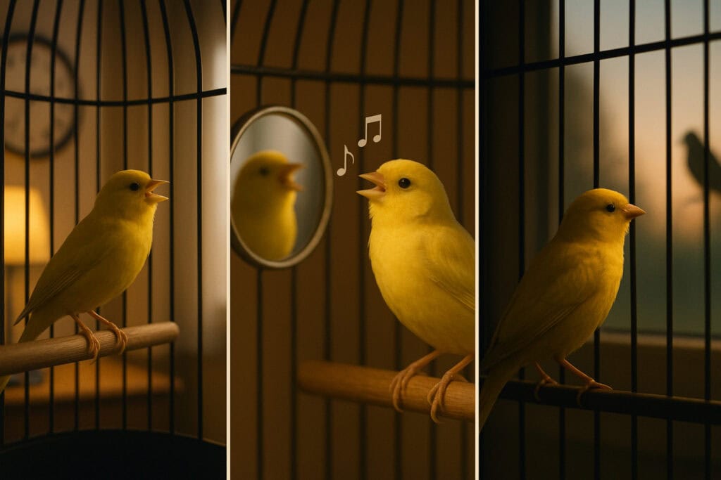 canary singing with lamp and wall clock hinting photoperiod; canary facing a small mirror practicing; canary by a window at dusk with a distant bird silhouette