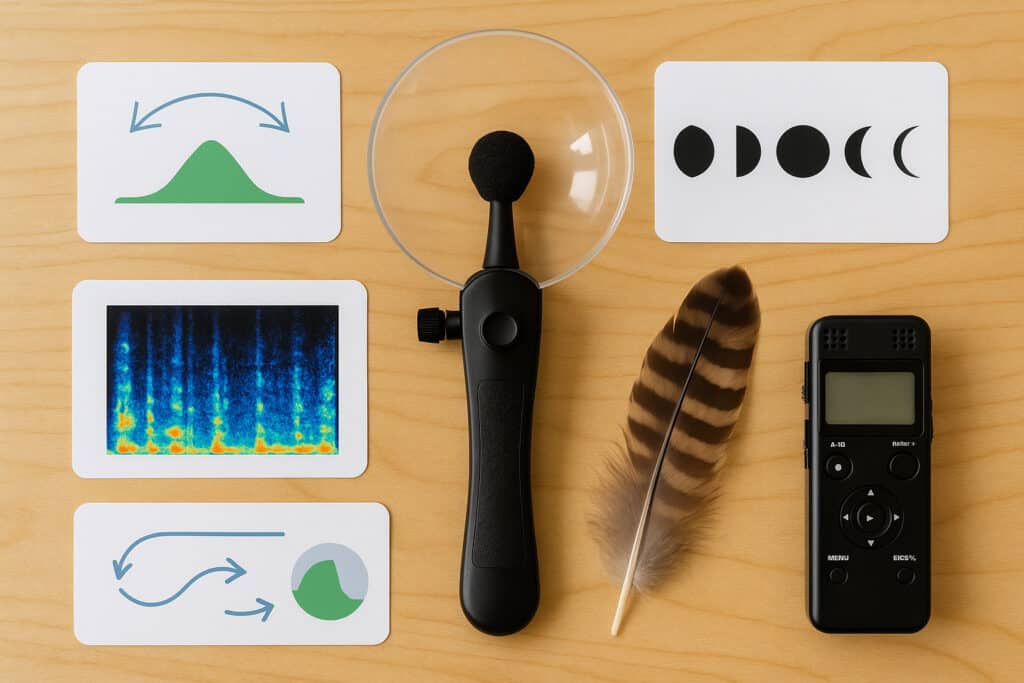 Parabolic mic, spectrogram card, feather, moon phases