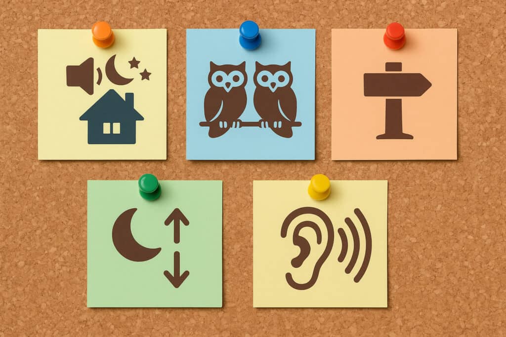Corkboard with five icon cards