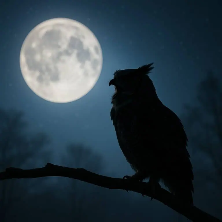 moonlit owl hooting on a branch under a bright full moon