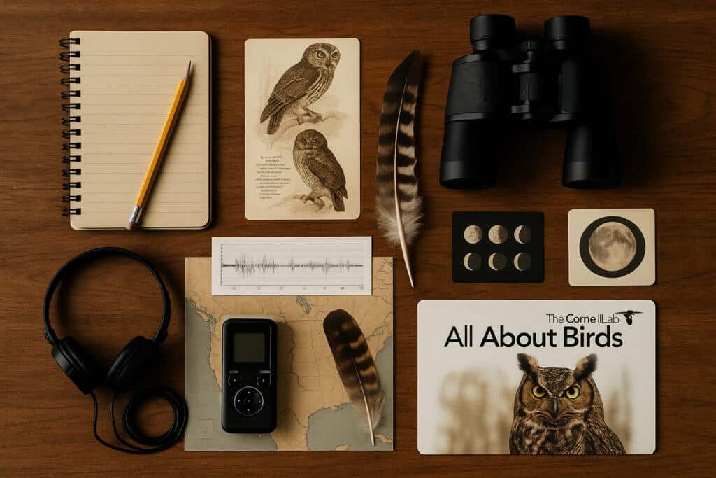 Field notebook, binoculars, feather, spectrogram, moon phases